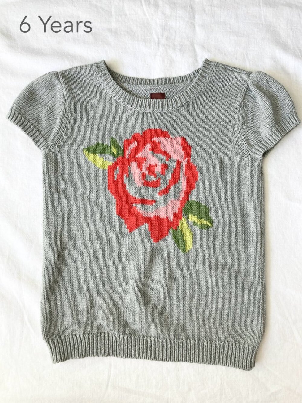 🪴5/$30 Tea Collection 6 Years Girl Grey Knit Cap Sleeve Sweater Top Flower